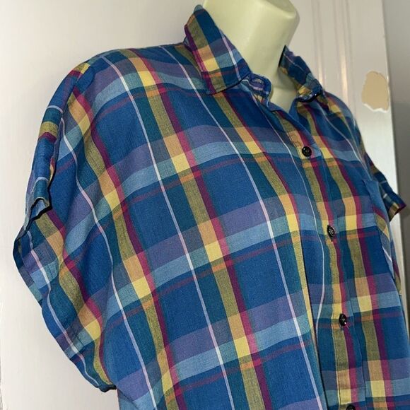 Vtg 80s Blue, Yellow, Pink & Lavender Plaid Button-Up Oversize Cap Sleeve Shirt - Picture 6 of 7